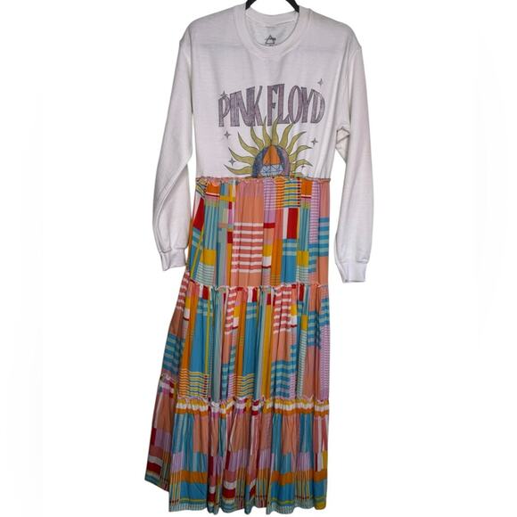 Pink Floyd Graphic Upcycled Long Sleeve Hippie Patchwork Maxi Dress Small - Picture 2 of 14